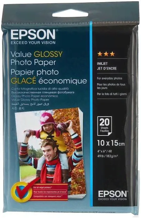 Epson Glossy Photo Paper, прочная глянцевая фотобумага 255 г/м , размер 10x15 см, 20 листов, для фотографий высокого качества, совместимая со всеми ст